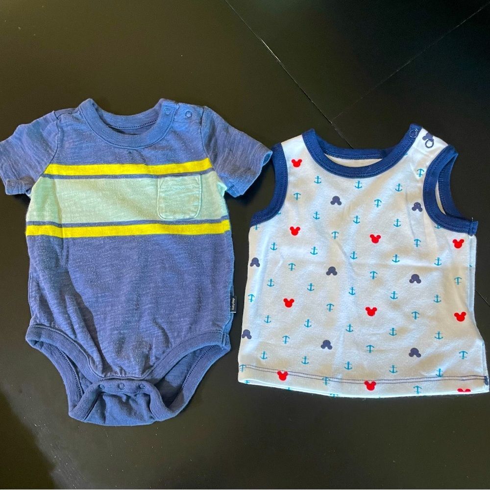 2 piece infant Gap blue striped bodysuit, disney mickey mouse tank sz 3-6 mos